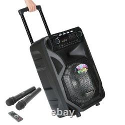 12 PA Bluetooth Speaker Karaoke Disco DJ Audio USB/TF/SD 2 Remote Wireless Mics
