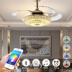 7-Color Ceiling Fan Light 42 Retractable WithRemote Bluetooth Music Speaker