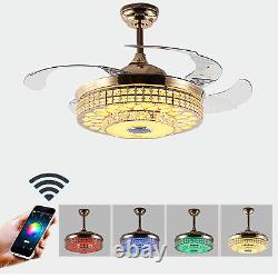 7-Color Ceiling Fan Light 42 Retractable WithRemote Bluetooth Music Speaker