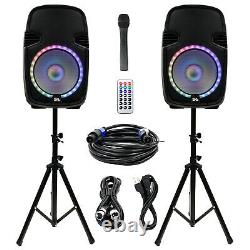 Active 12 DJ Karaoke Speaker System Bluetooth LED Wireless Mic Cables Remote