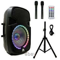 Active 12 DJ Karaoke Speaker w Stand Bluetooth LED Wireless Mics Cables Remote