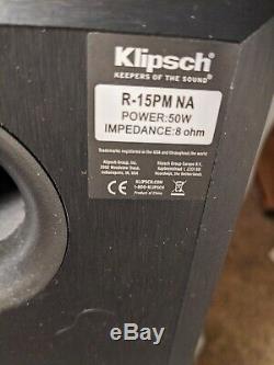 Klipsch R-15PM Powered Speakers Pair 2 Way Bluetooth Remote & Sanus 24 Stands