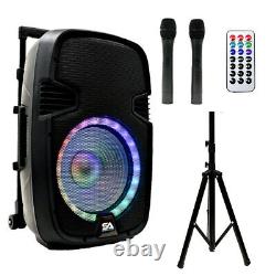 Powered 10 DJ Karaoke Speaker Rechargeable Bluetooth LED Wireless Mics Remote