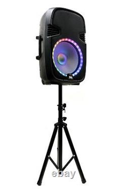 Powered 12 DJ Karaoke Speaker w Stand Bluetooth LED Wireless Mic Cables Remote