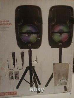 QFX Twin 8-in Bluetooth Wireless Speaker Bundle/Mics/Stands/Remotes/OPEN BOX