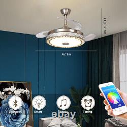 42 Ventilateur de plafond rétractable avec lumière Bluetooth et changement de couleur à LED 3 couleurs avec télécommande.