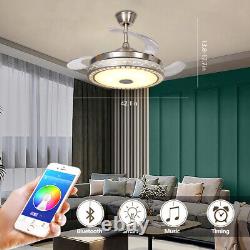 42 Ventilateur de plafond rétractable avec lumière Bluetooth et changement de couleur à LED 3 couleurs avec télécommande.