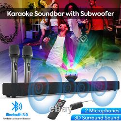 Barre de son karaoké sans fil avec caisson de basses, haut-parleur Bluetooth, LED et 2 micros sans fil.