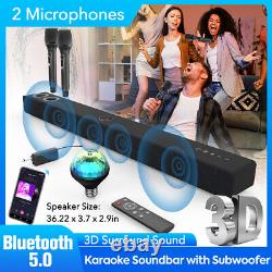 Barre de son karaoké sans fil avec caisson de basses, haut-parleur Bluetooth, LED et 2 micros sans fil.