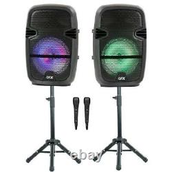 Haut-parleur sans fil QFX Twin Bluetooth Stereo Bundle Stands 8 Deux Microphones