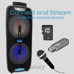 Système de son portable Bluetooth avec enceintes, basses puissantes, microphone, subwoofer et lumières LED sans fil.