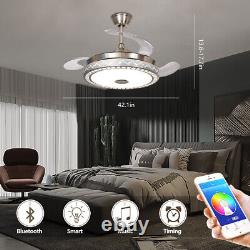 Ventilateur de plafond rétractable avec lumière LED, haut-parleur Bluetooth, 3 couleurs avec télécommande